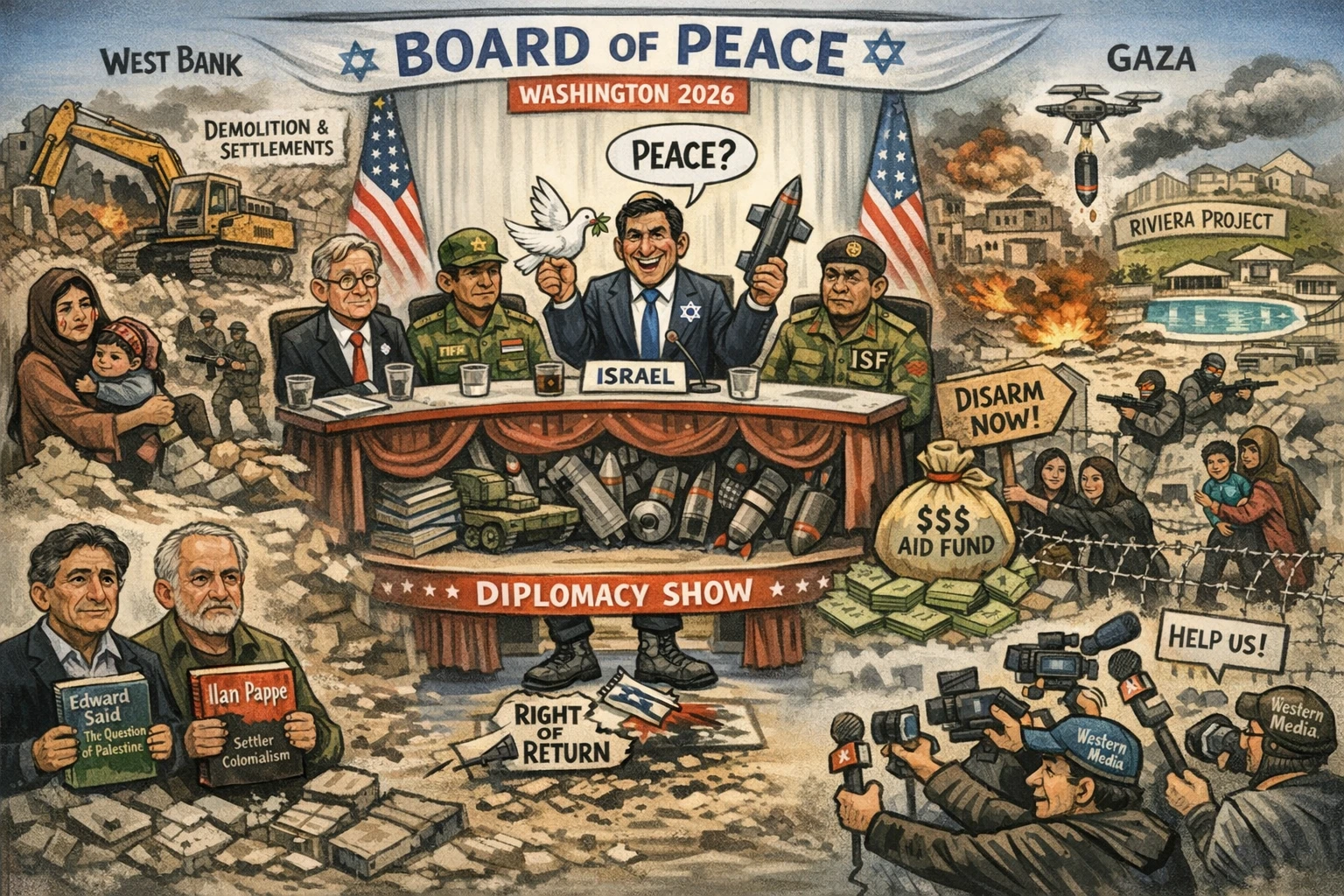 Board of Peace 2026”: Ketika Meja Perdamaian Berdiri di Atas Reruntuhan dan Bom yang Belum Padam. (Ilustrasi dibuat oleh AI: Chat GPT).